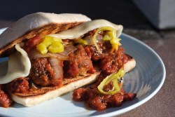 Meatball Sub with Homemade Marinara, Sauteed Onions & Pepperoncini