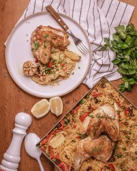 Easy sheet pan Spanish chicken and rice