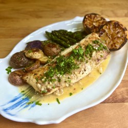 Seared Halibut with Charred Lemon Sauce