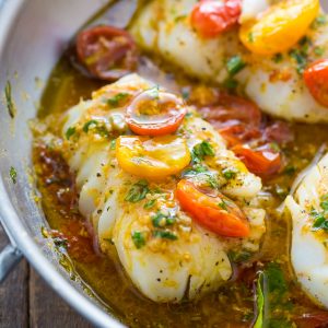 Pan-Seared Cod in White Wine Tomato Basil Sauce
