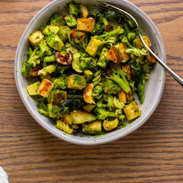 Vegan Pesto Roasted Vegetables and Tofu Buddha Bowl
