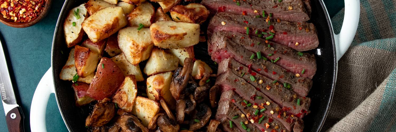 Peppered Steak with Roasted Potatoes and Mushrooms