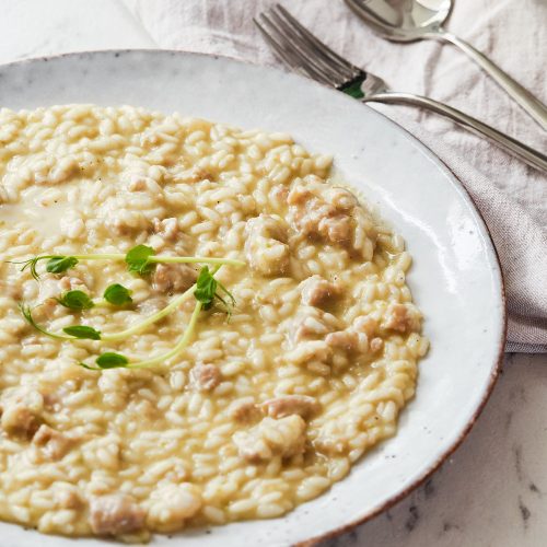 Risotto with sausage and zucchini cream