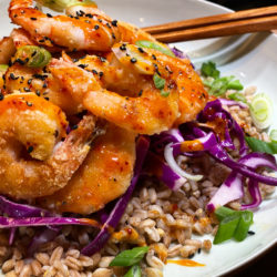 Pan-fried Crispy Shrimp with a Red Cabbage Slaw and Gochujang Mayo