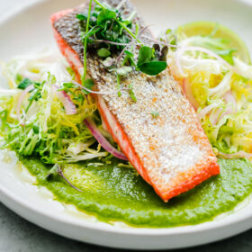 Seared Sockeye Salmon with Green Adobo Sauce and Frisée Salad