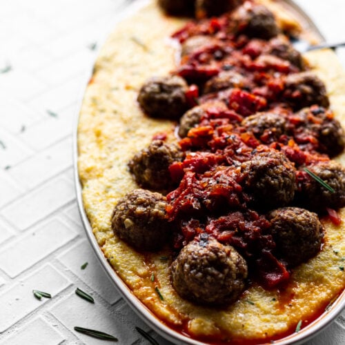Easy Lamb Meatballs with Rosemary Polenta and Roasted Red Pepper Sauce