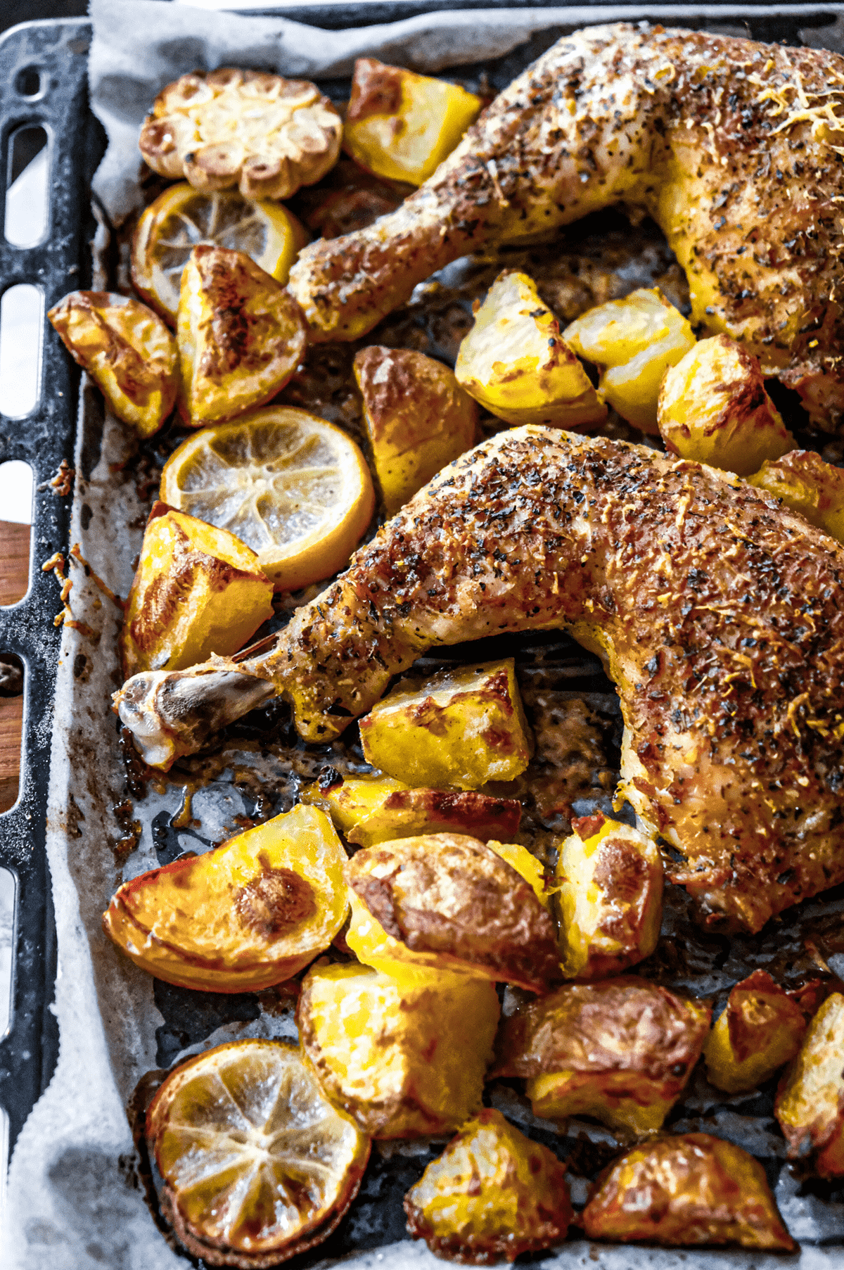Crispy Parmesan Chicken Quarters with Roast Potatoes
