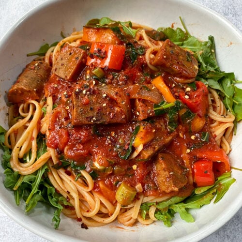Vegan Sausage and Peppers Pasta
