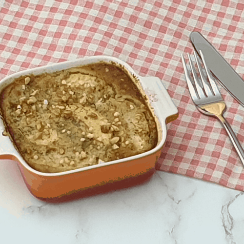 White peach clafoutis with almonds and jasmine
