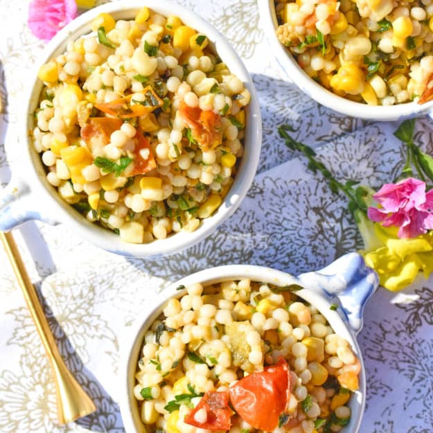 Warm Roasted Tomato, Corn, And Pepper Israeli Couscous