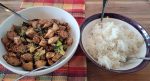 Teriyaki cashew chicken with broccoli and white rice.