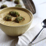 Creamy Potato Spring Vegetable Soup with Sunflower Seed Pesto