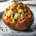 Creamy High-Protein Chicken Pot Pie Stuffed Sweet Potatoes