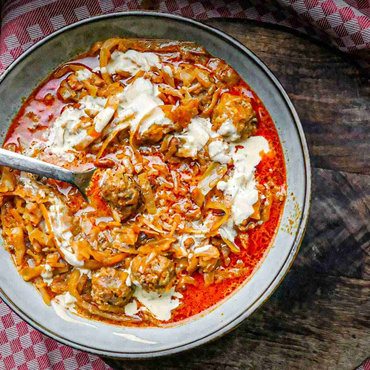 Cabbage Roll Soup with Rice Meatballs