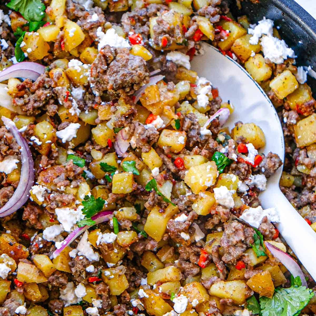 Beef and Potato Hash with Red Pepper and Feta