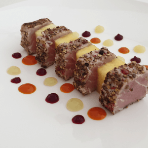 Pan seared peppered red tuna with sweet & sour gels