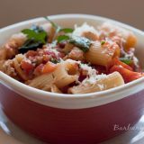 Rigatoni with Spicy Sausage Tomato Sauce, Spinach, and Parmesan