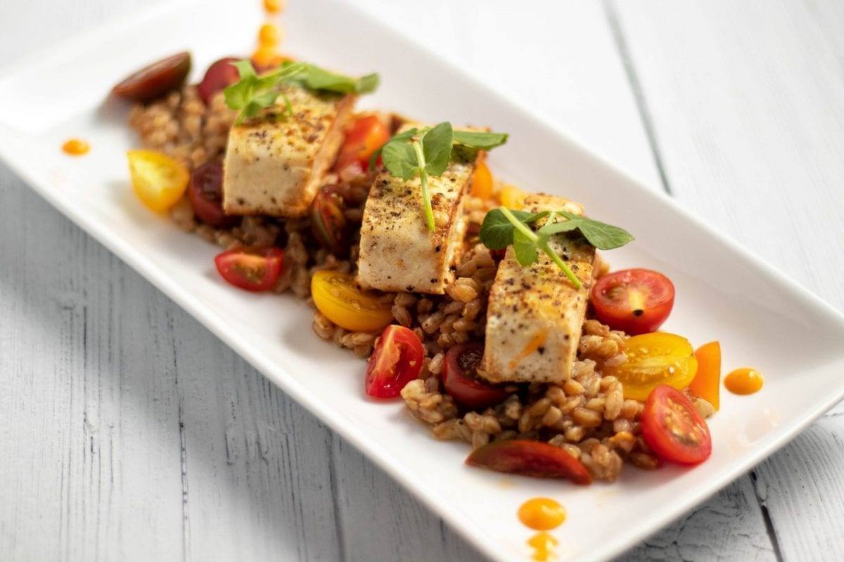 Mahi Mahi on a Bed of Heirloom Tomatoes and Farro