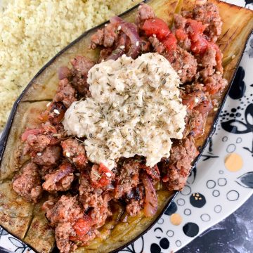 Roasted Eggplant Topped with Lamb and Tahini-Lemon Sauce