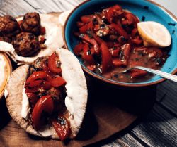 Greek style turkey meatballs with marinated tomatoes and whipped feta