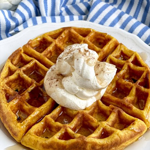 Pumpkin Waffles with Cream Cheese Whipped Cream