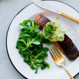 Brown Sugar and Chili Rubbed Salmon with Avocado Crema
