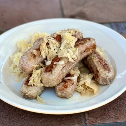 Beer Brats with Sauerkraut, Spicy Beer Mustard & Sauteed Peppers