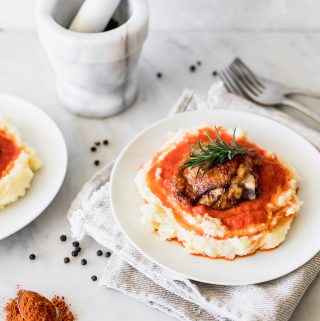 Paprika Chicken with Roasted Pepper Sauce and Mashed Potatoes