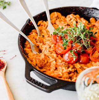 Tomato Orzo Risotto with Saffron, Mushrooms and Chorizo