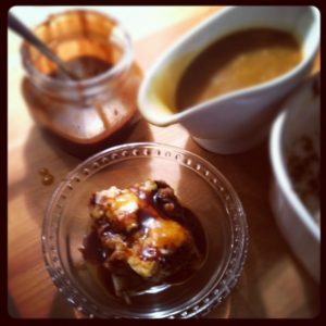 Caramel Egg Nog Bread Pudding with homemade chocolate sauce