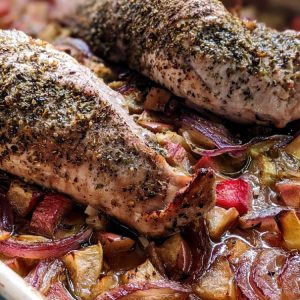 Pork Tenderloin with Stewed Rhubarb and Apples