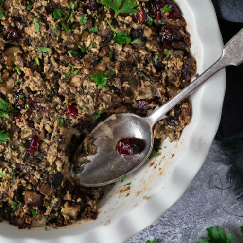 Vegan Chestnut Stuffing with Mushrooms and Cranberries
