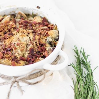 Leek and mushroom casserole with crispy serrano ham