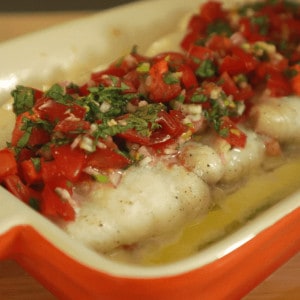 Baked sole fish with baby leek
